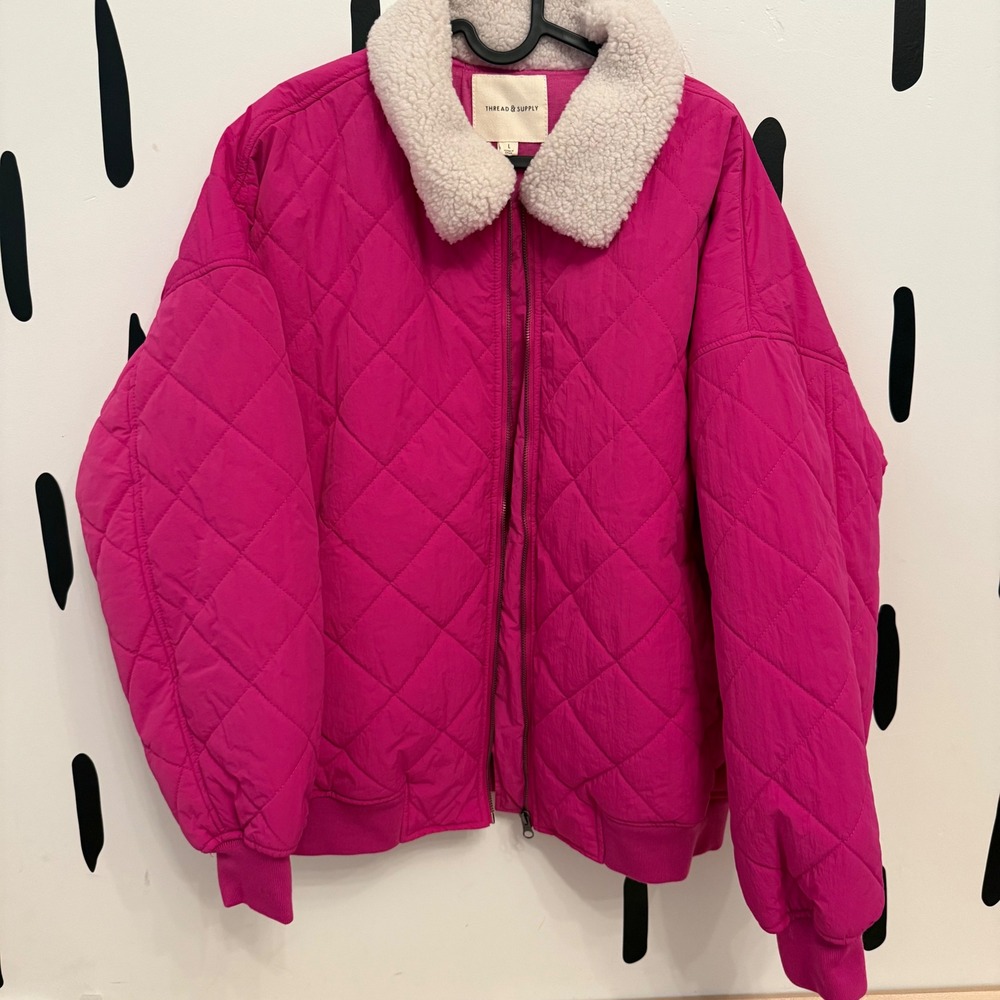 Thread & Supply Quilted Bomber Jacket Women's Large Pink Sherpa‎ Collar